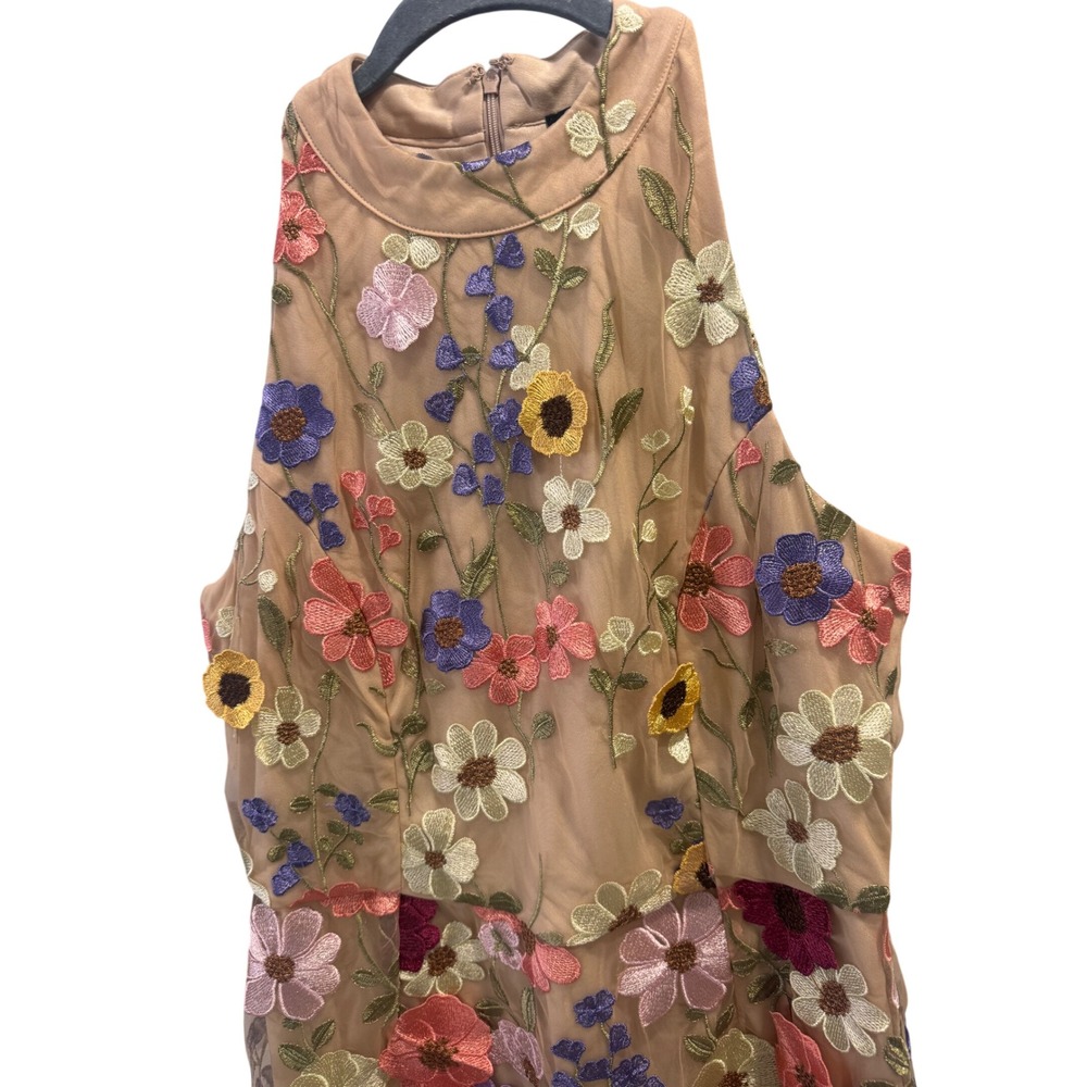 Bebe Mock Neck Sleeveless Statement Dress Nude Multi 3D Floral Embroidered L - Picture 5 of 9